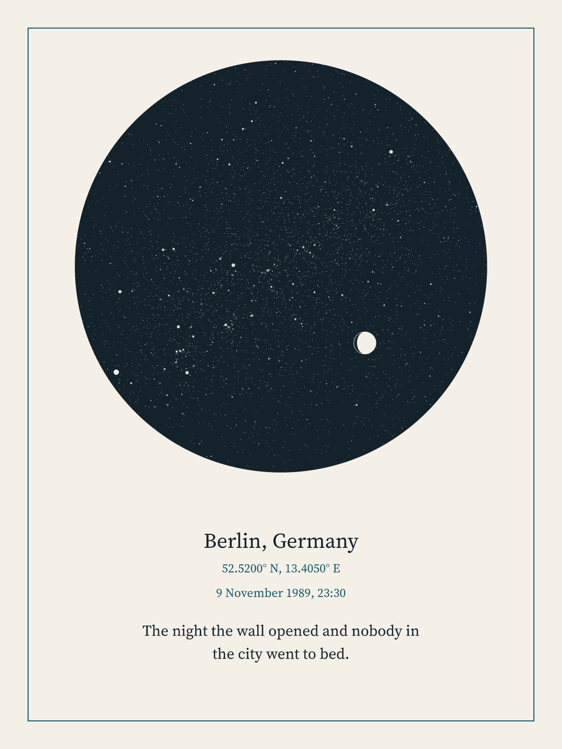 A framed print of the sky over Berlin at half past eleven on the night the Wall opened.